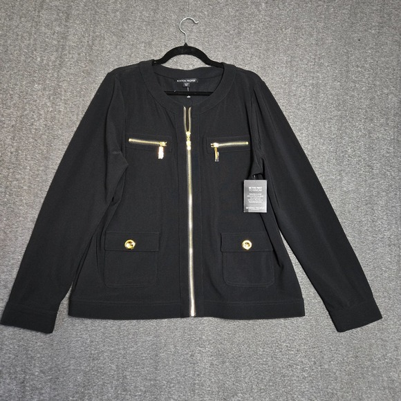 Boston Proper Jackets & Blazers - Boston Proper Full Zip Blazer Jacket Black Womens XL Slinky Knit Gold Detail NWT